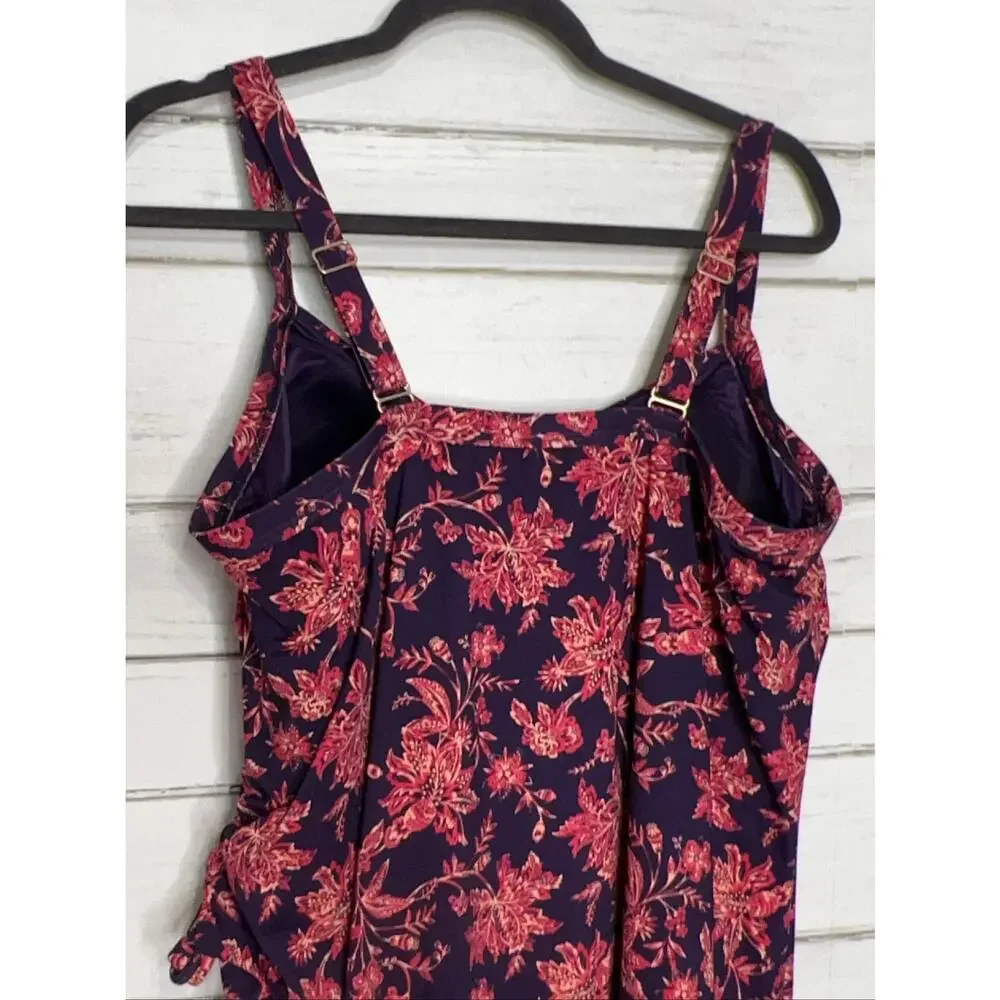 Lands' End Floral Print Swim Dress Women's Plus 18W Built-in Bra Purple Red